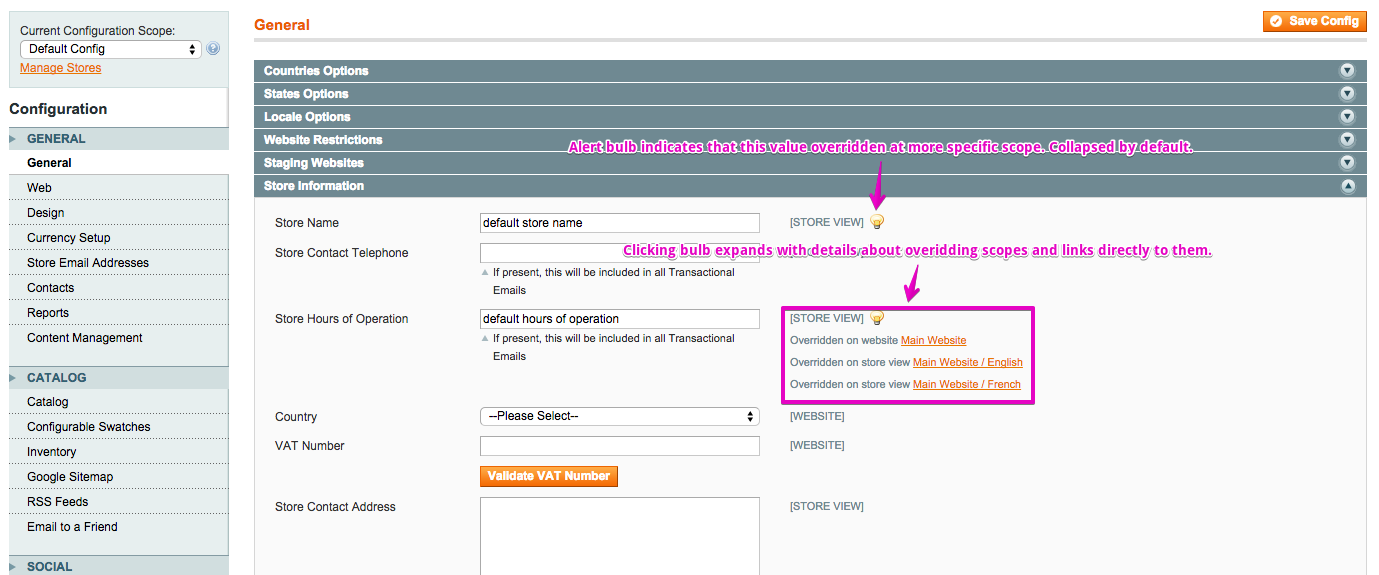 Screenshot of magento System Config Scope Hints Module